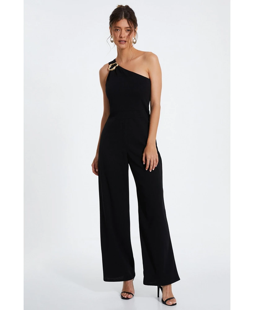 Quiz Women's One-Shoulder Scuba Crepe Jumpsuit With Gold Buckle