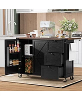 Black Farmhouse Kitchen Island with Storage, Drop Leaf, Power Outlet, Wheels