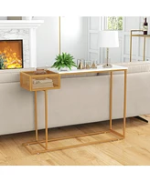 Sugift Rectangular White Faux Marble Console Table with Storage-Gold