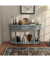 Sugift 52 Inch Retro Console Table with 2 Drawers and Open Shelf Entryway Sofa Table-Blue