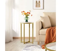 Yaheetech X-Based Faux Marble Side Table, Round Tabletop, Sturdy Metal Legs Mustard Gold