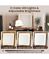 Skonyon Vanity Table Set with Flip Top Mirror Lights Usb Writing Desk and Stool-Brown