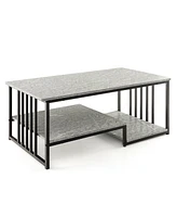 Sugift Faux Marble Coffee Table with Open Storage Shelf-Gray