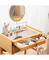 Sugift Bamboo Makeup Vanity Table with Stool and Rotating Mirror