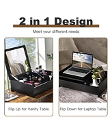 Sugift Compact Bay Window Makeup Dressing Table with Flip-Top Mirror-Black