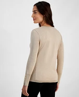 Jm Collection Petite Lurex Metallic Crewneck Button-Cuff Sweater, Created for Macy's