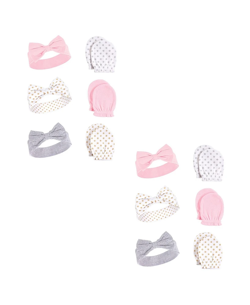 Hudson Baby Baby Girls Cotton Headband and Scratch Mitten Set, Dots 12-Piece, 0-6 Months