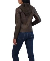 Sebby Collection Women's Garment Dyed Faux Leather Zip Front Jacket With Detachable Sweater Knit Hood