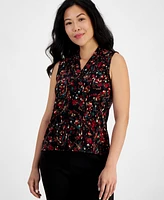 Anne Klein Petite Printed Triple-Pleat V-Neck Blouse