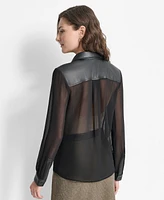 Dkny Women's Sheer Mixed-Media Button-Front Long-Sleeve Top