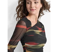 Dkny Petite Asymmetrical Ruched Abstract-Print Top