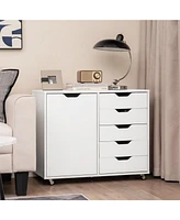 Skonyon 5-Drawer Dresser Chest Mobile Storage Cabinet with Door-White