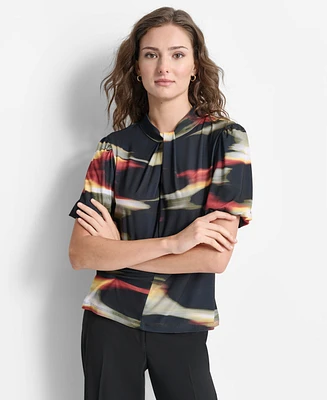 Dkny Women's Abstract-Print Twist-Neck Keyhole Blouse