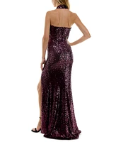 City Studios Juniors' Sequined High-Slit Evening Gown