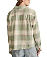 Lucky Brand Women's Cotton Raw Edge Plaid Cropped Button Down Top
