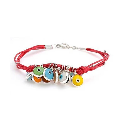 Bling Jewelry Boho Leather Red Turkish Dangle Multi Color Evil Eye Charm Bracelet Yellow Gold Plated Sterling Silver Adjustable