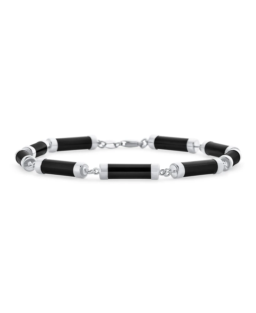 Bling Jewelry Asian Style Black Natural Onyx Strand Tube Bar Link Bracelet For Women Sterling Silver 7.5 Inch