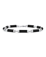 Bling Jewelry Asian Style Black Natural Onyx Strand Tube Bar Link Bracelet For Women Sterling Silver 7.5 Inch