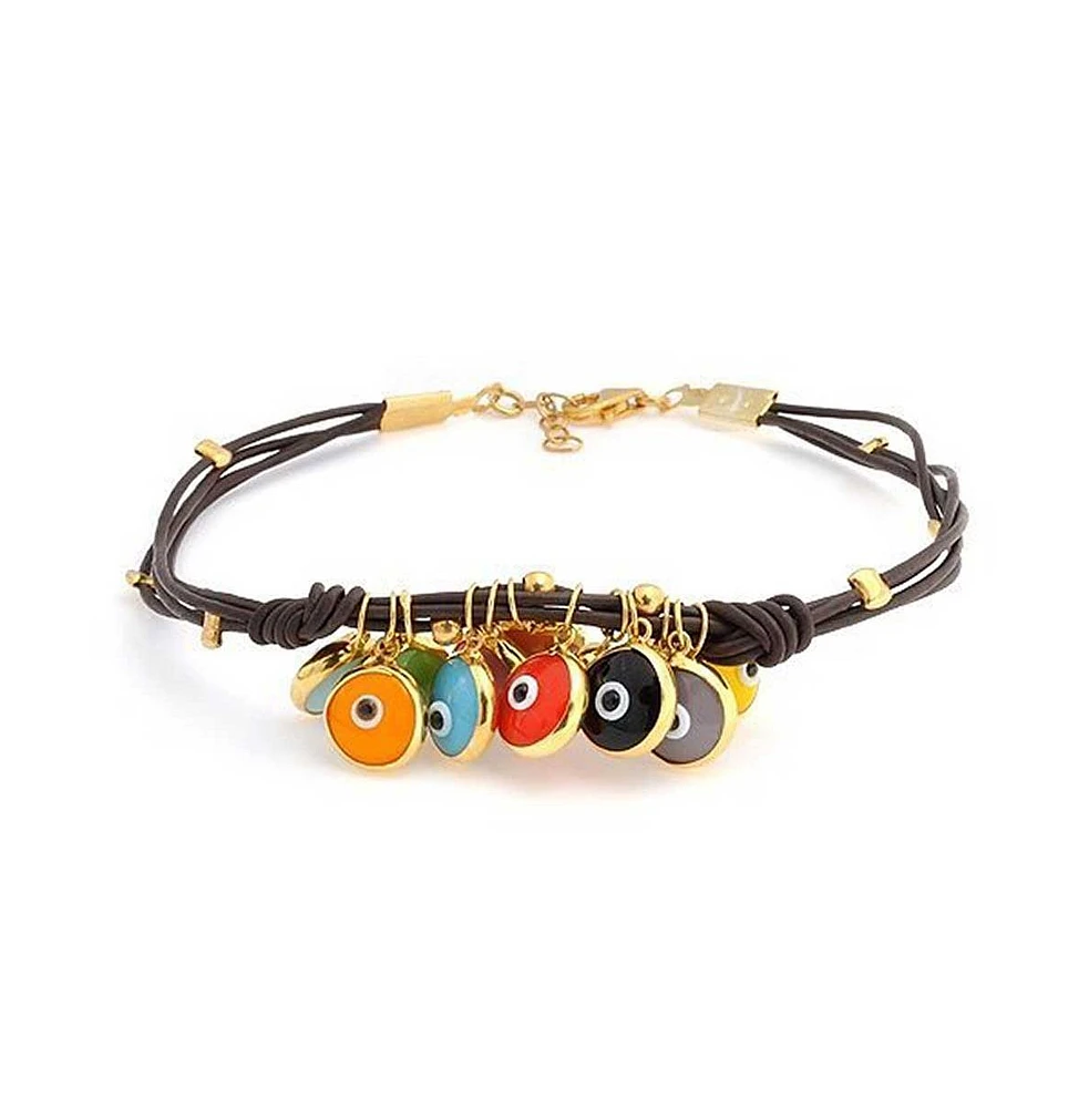 Bling Jewelry Boho Leather Red Turkish Dangle Multi Color Evil Eye Charm Bracelet Yellow Gold Plated Sterling Silver Adjustable