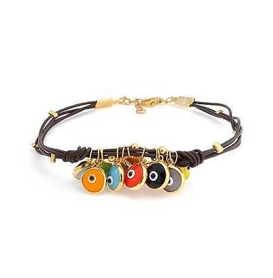 Bling Jewelry Boho Leather Brown Turkish Dangle Multi Color Evil Eye Charm Bracelet For Women Yellow Gold Plated Sterling Silver Adjustable