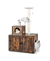 Costway 2-in-1 Wooden Litter Box Enclosure with Cat Tree Hidden Washroom Furniture