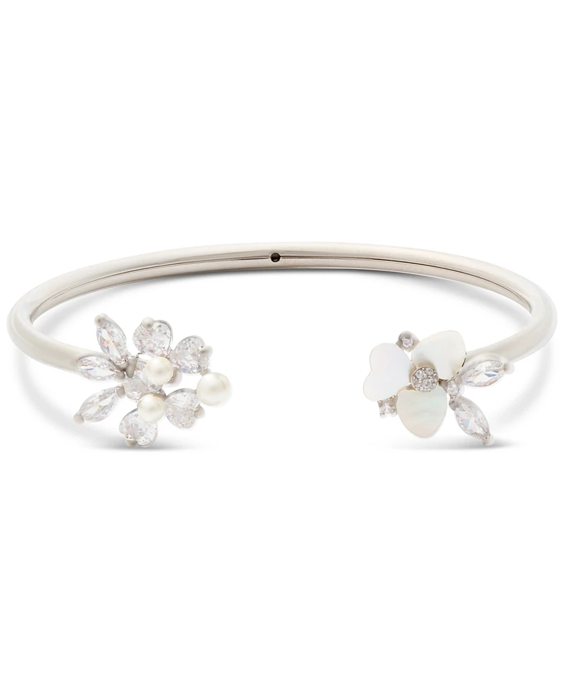 Kate Spade New York Silver-Tone Cubic Zirconia & Imitation Pearl Flower Flex Cuff Bracelet