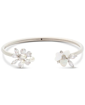 Kate Spade New York Silver-Tone Cubic Zirconia & Imitation Pearl Flower Flex Cuff Bracelet