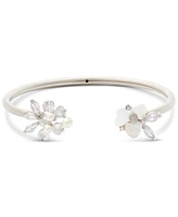 Kate Spade New York Silver-Tone Cubic Zirconia & Imitation Pearl Flower Flex Cuff Bracelet