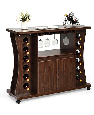 Gymax Rolling Buffet Sideboard Wooden Bar Storage Cabinet w/ Wine Rack & Glass Holder