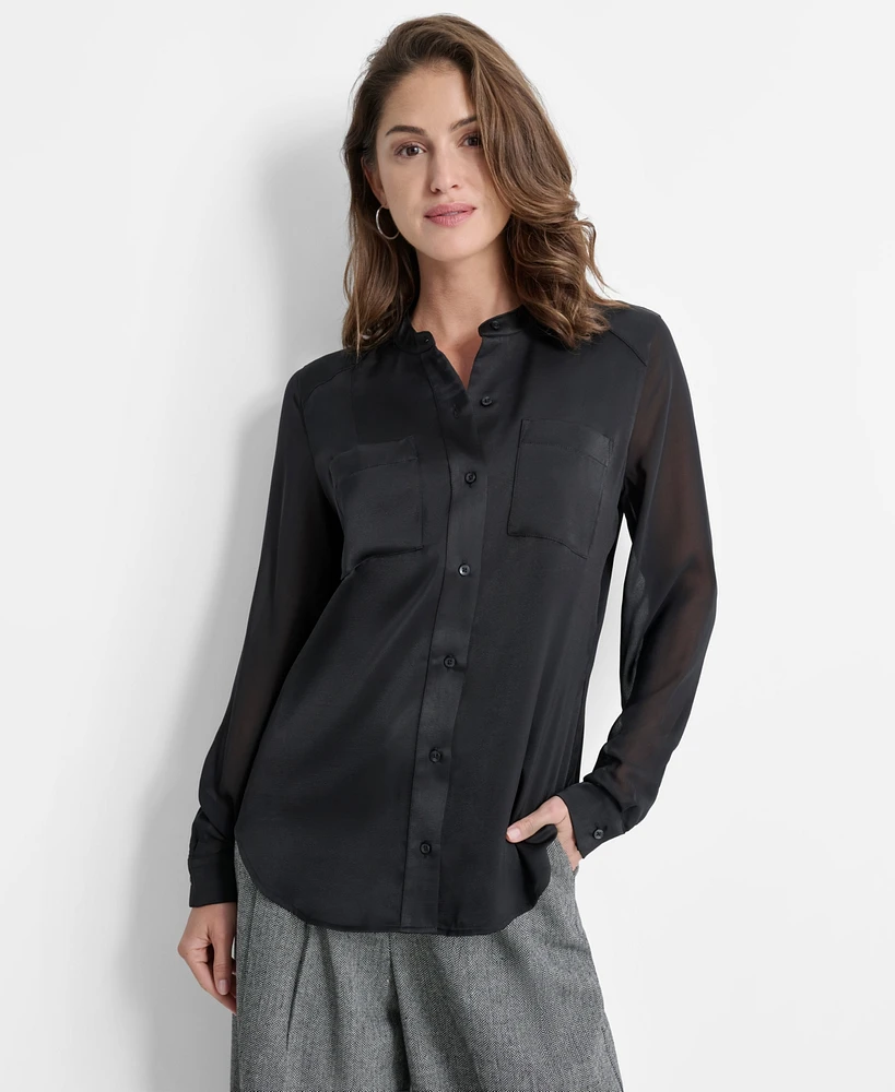 Dkny Women's Chiffon-Sleeve Button-Front Satin Blouse