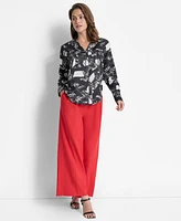 Dkny Women's Printed Button-Front Long-Sleeve Satin Blouse