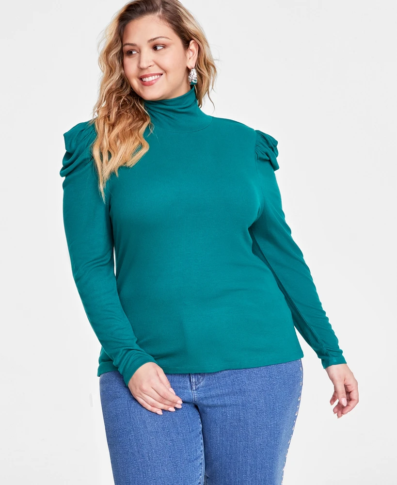 I.n.c. International Concepts Plus Puff-Shoulder Ribbed Turtleneck, Created for Macy's