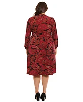 London Times Plus Paisley V-Neck Long-Sleeve Midi Dress