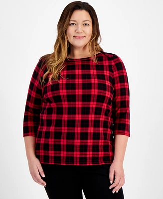 Style & Co Plus Printed Cotton Boat-Neck 3/4-Sleeve Top, Created for Macy's