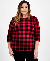 Style & Co Plus Printed Cotton Boat-Neck 3/4-Sleeve Top, Created for Macy's