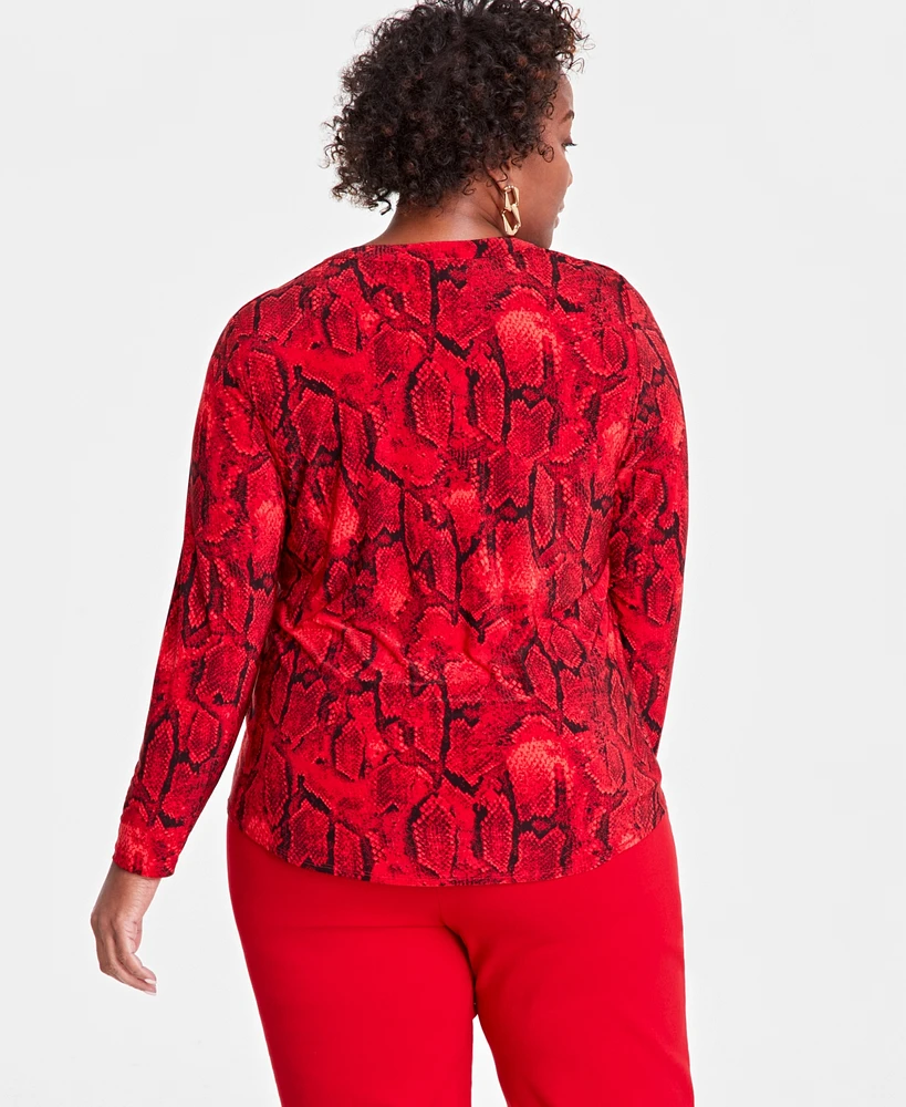I.n.c. International Concepts Plus Printed Split-Neck Long-Sleeve Top, Created for Macy's