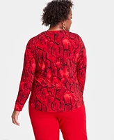 I.n.c. International Concepts Plus Printed Split-Neck Long-Sleeve Top, Created for Macy's