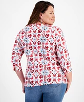 Style & Co Plus Printed Cotton Boat-Neck 3/4-Sleeve Top