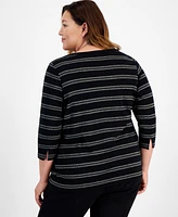 Style & Co Plus Size Printed Cotton Boat-Neck 3/4-Sleeve Top, Created for Macy's