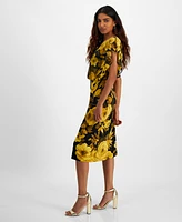 Connected Petite Printed Round-Neck Overlay Midi Dress