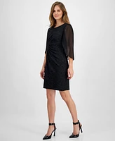 Connected Petite Round-Neck Cape-Sleeve Shimmer Dress