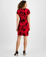 Connected Petite Queen-Anne-Neck Floral-Print Sheath Dress