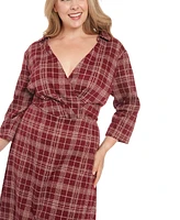 London Times Plus Plaid Collared V-Neck 3/4-Sleeve Dress