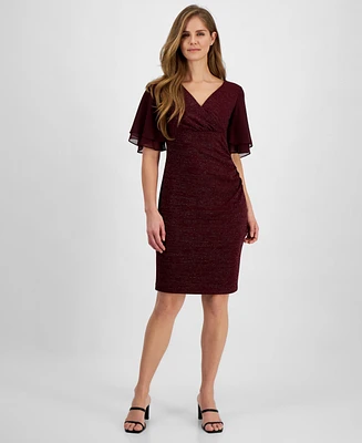 Connected Petite Surplice-Neck Tiered-Ruffle-Sleeve Sheath Dress