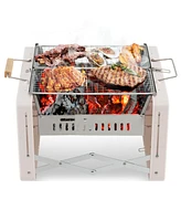 Skonyon Folding Charcoal Bbq Grill with Dishwasher-safe Grill Grids and Charcoal Box-Beige