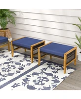 Skonyon Patio Acacia Wood Ottomans with Cushions and Versatile Rattan Woven Footstools-Navy
