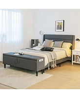 Gymax Full Upholstered Platform Bed Frame w/ Storage Ottoman Slats Support Grey