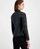 T Tahari Women's Quilted Faux-Leather Long-Sleeve Jacket