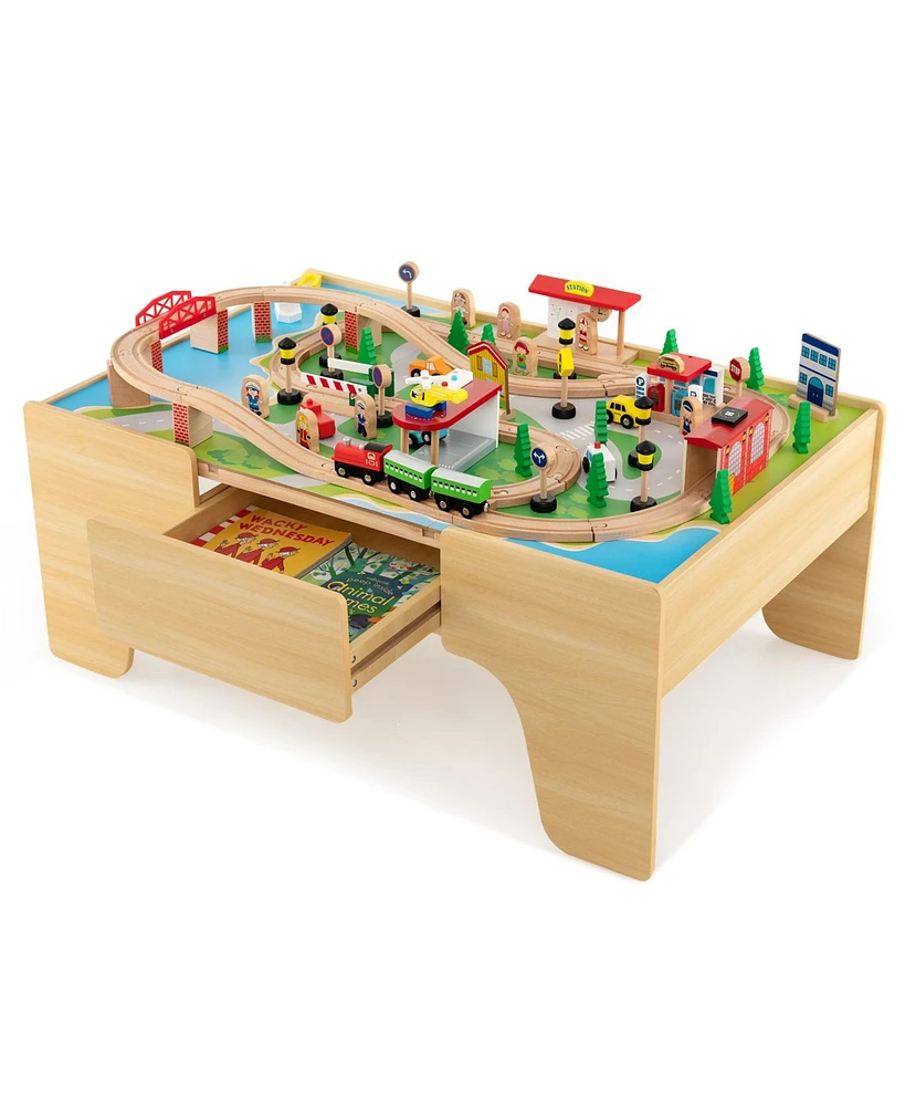 Givimo 84-Piece Wooden Train Set with Reversible and Detachable Tabletop