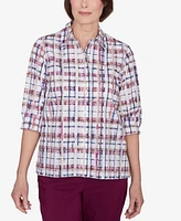 Alfred Dunner Petite Classics Plaid Cuffed Sleeve Button Down Top